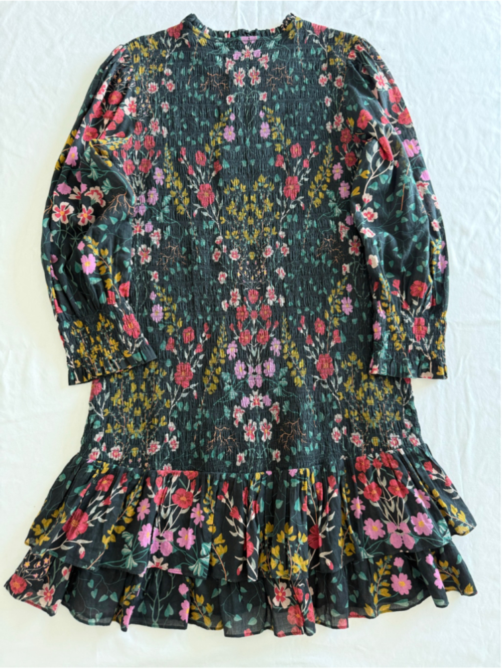 Women's Margaret O'Leary Floral Long Sleeve Smocked Dress, Size L, Black/Pink - Picture 10 of 10